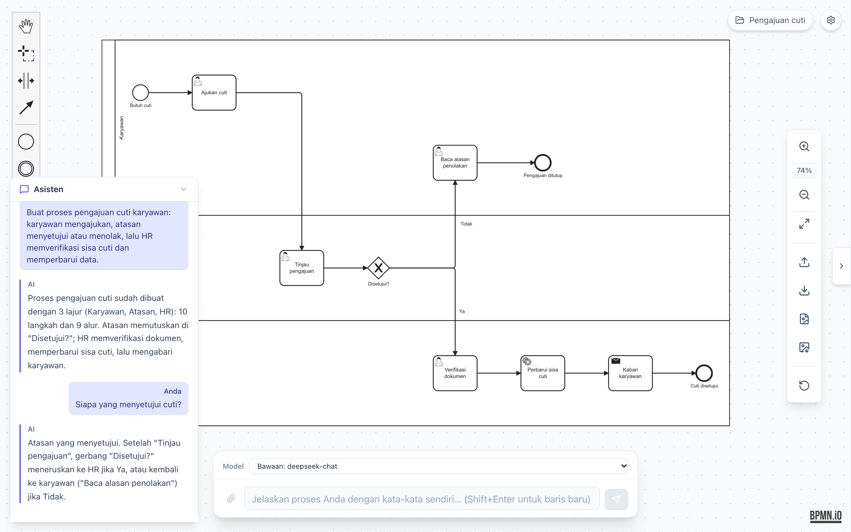 The same leave-request diagram with the interface in Indonesian: three lanes, the "Asisten" chat panel showing the Indonesian prompt, the AI summary, and the answer to "Siapa yang menyetujui cuti?" (Who approves the leave?)