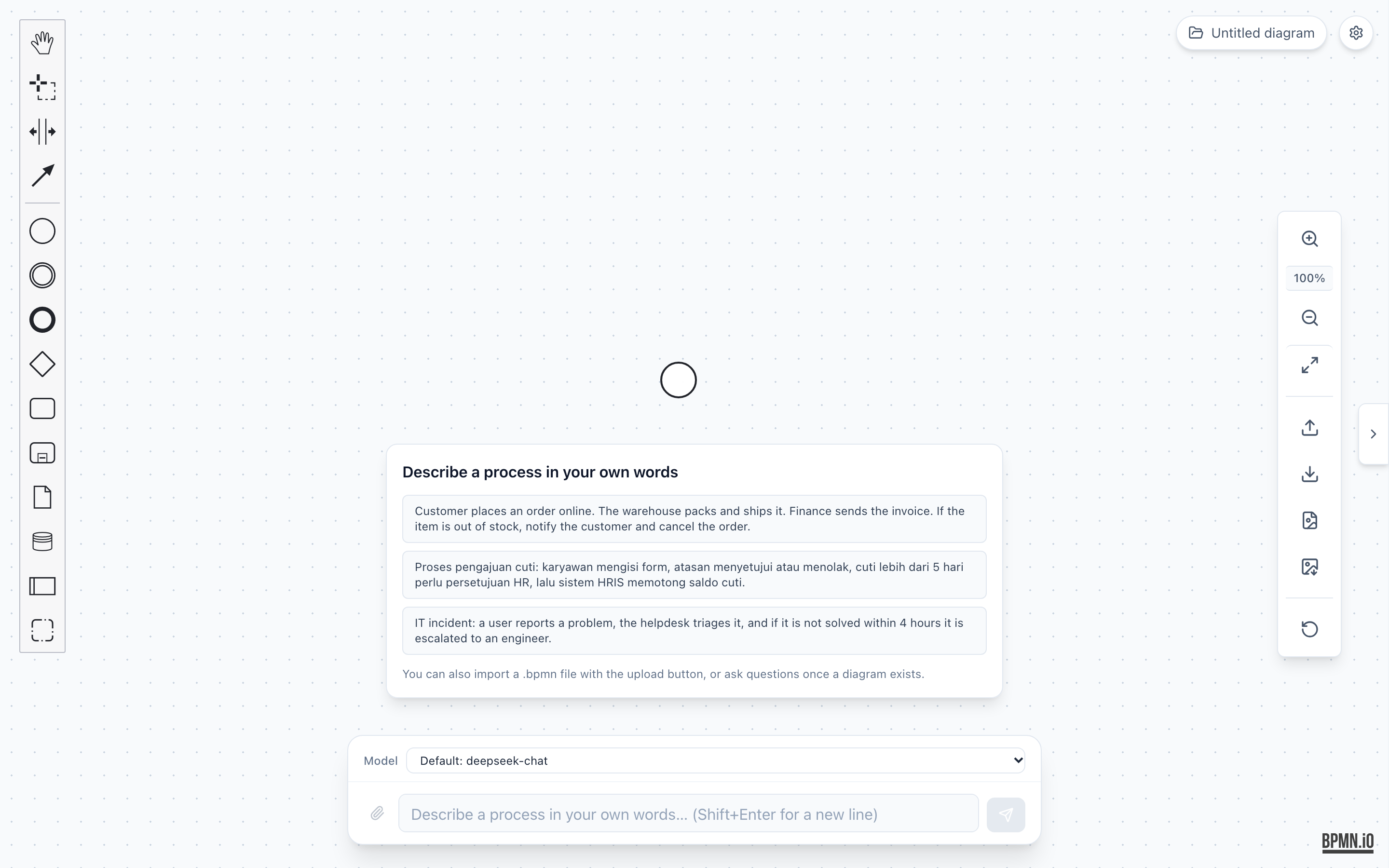 The start screen with an empty canvas, a "Describe a process in your own words" card with three example prompts (an online order, a leave request in Indonesian, and an IT incident), and the prompt box with the DeepSeek model selected