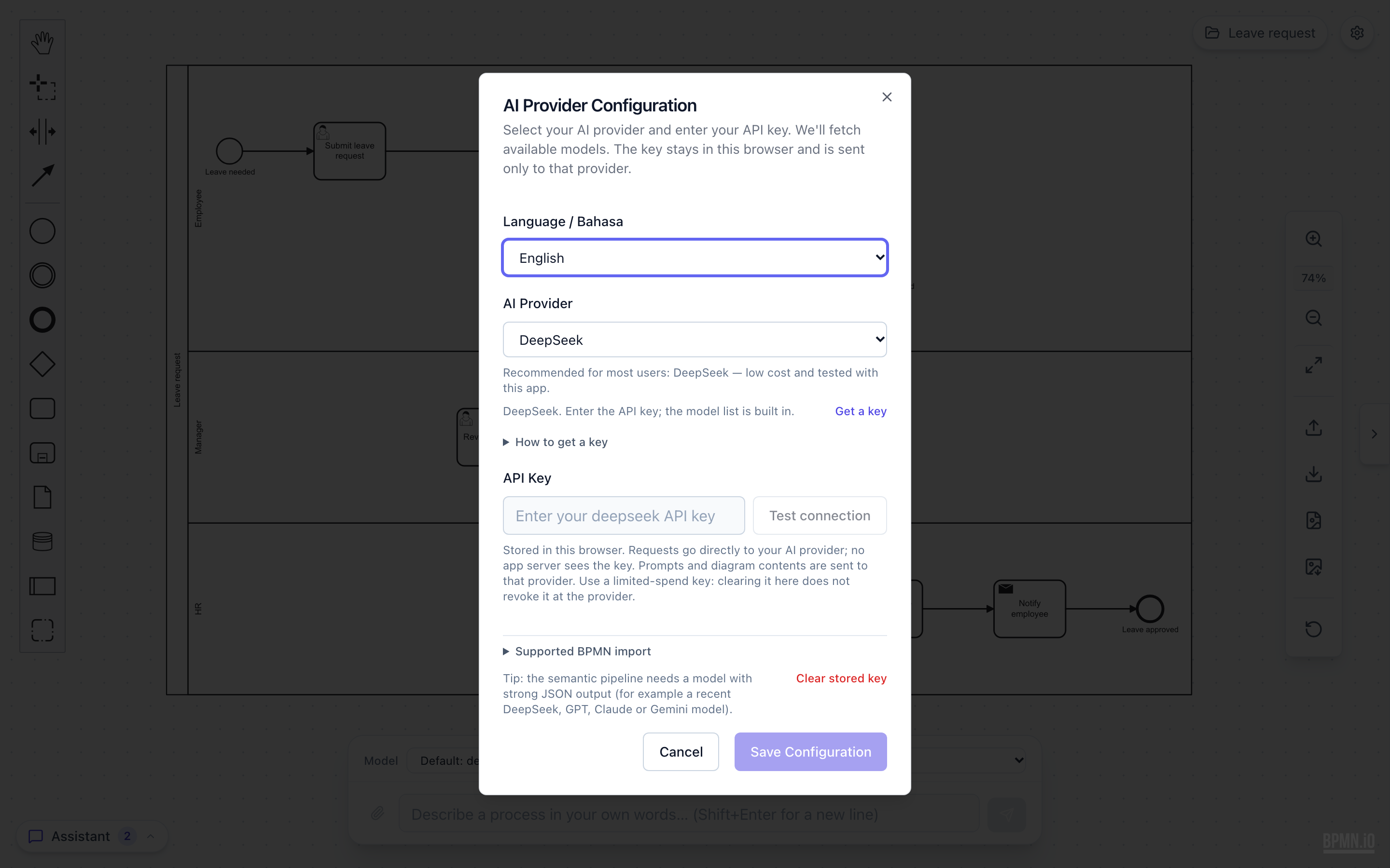 The AI Provider Configuration dialog: a language selector, DeepSeek selected as the provider with a short note on how to get a key, an empty API key field with a Test connection button, and a note that the key stays in this browser